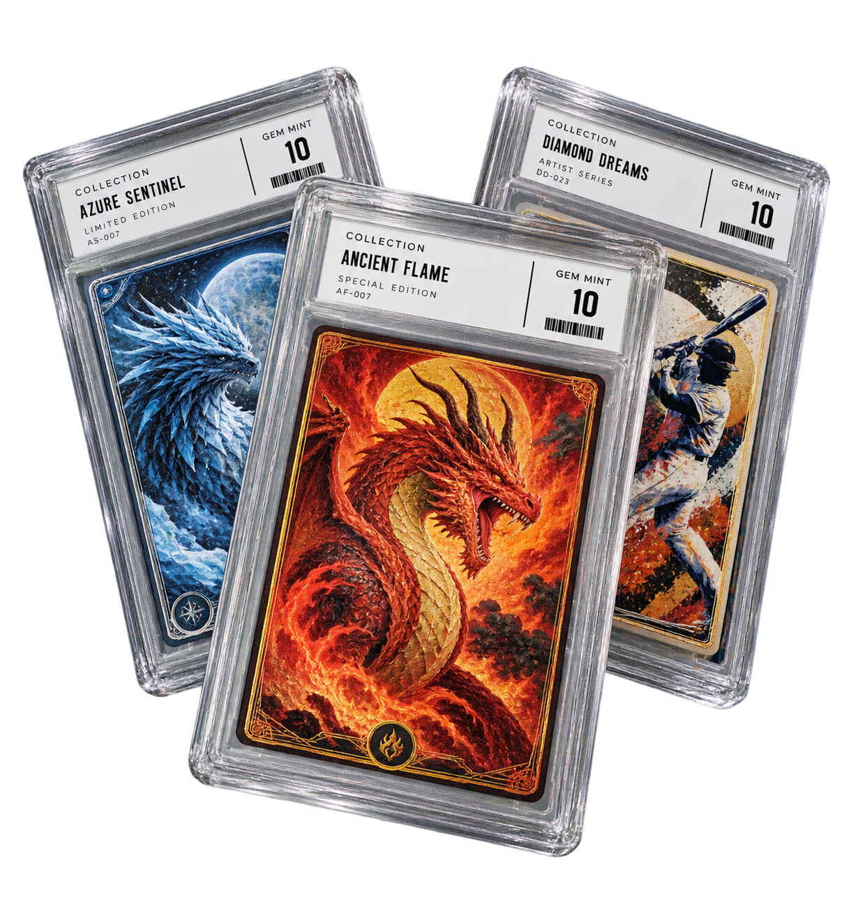Three original collectible cards in clear graded slabs, featuring a dragon, a blue creature and a baseball player